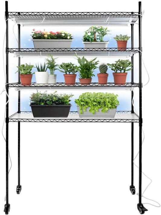 Holzoffer DIY Plant Shelf with Grow Lights, 4-Tier Metal Plant Stand, Grow Light Shelf with 108W T8 6500K Grow Lights, Adjustable Rack and Wheels for Seed Starting, Seedlings(39.4Lx13.8Wx59.1H, Black)