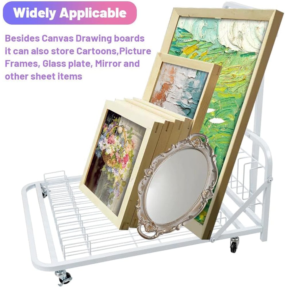 Holzoffer Art Canvas Storage Rack & Frame Keeper, Mobile Cart, Large Floor Model with Casters and Handle, 32" Lx 28" W, White