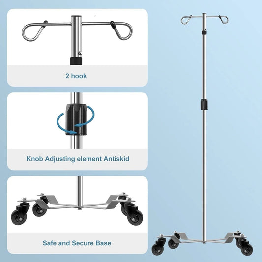 Holzoffer IV Poles IV Stands 2 Hooks 4 Legs Portable Rolling with Stainless Steel Adjustable Height, 2PCS