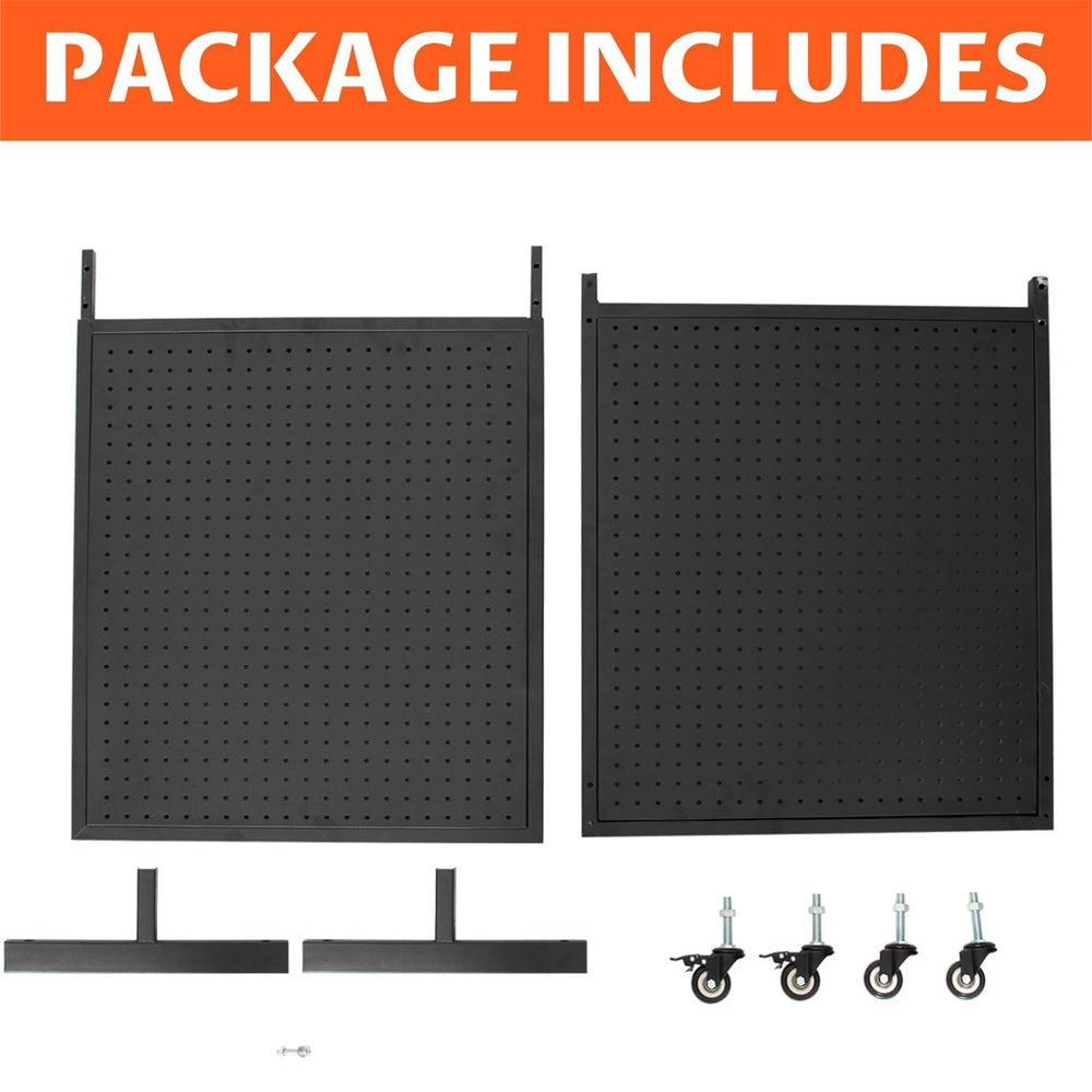 Holzoffer 2'x 5' 2-Double Metal Pegboard Panels Tower with 4 Wheels T-Base Floorstanding, Black Pegboard Panel Wall Organization Display Stand