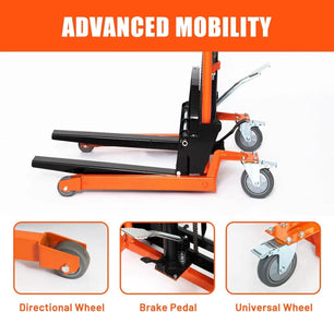 Holzoffer Material Lift Winch Stacker with Wheels, Heavy Duty Rolling Manual Lift Table, Adjustable Pallet Truck Dolly Fork Lift for Factory, Warehouse, Garage