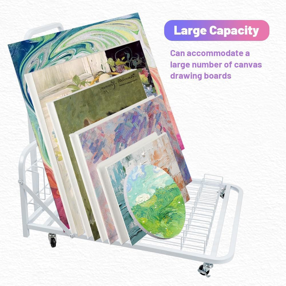 Holzoffer Art Canvas Storage Rack & Frame Keeper, Mobile Cart, Large Floor Model with Casters and Handle, 32" Lx 28" W, White