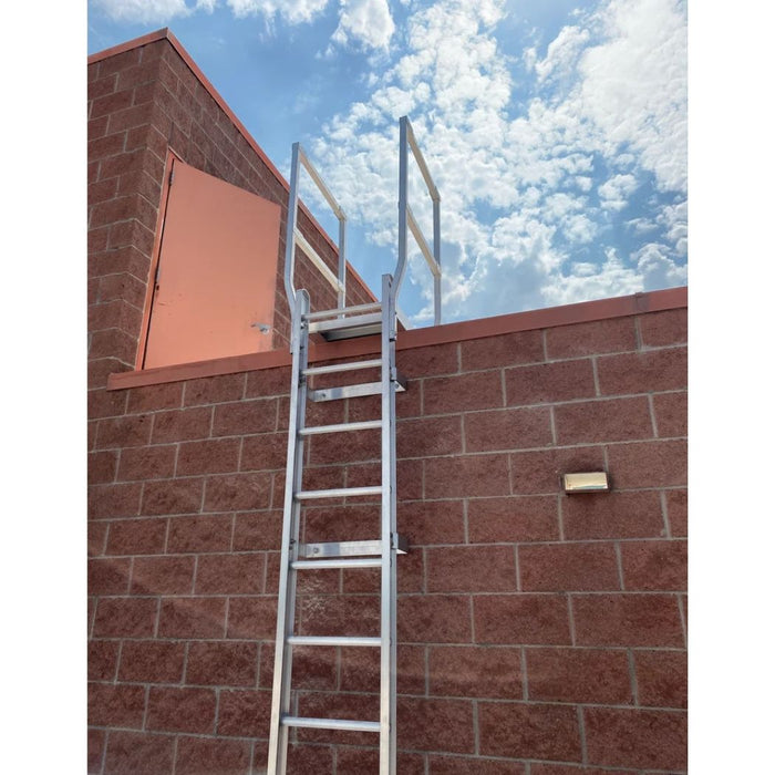 12' Roofing Ladder with Crossover Platform, Guardrails and Return ladder, Wall Mount, Silver