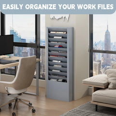 Holzoffer Office File Folder Wall Rack with 11-Tier Pockets, Powder Coated Steel Wall Mounted Hanging File Organizer, Gray Putty Medical Chart Holders, Vertical Magazine Rack for Home Office Hospital