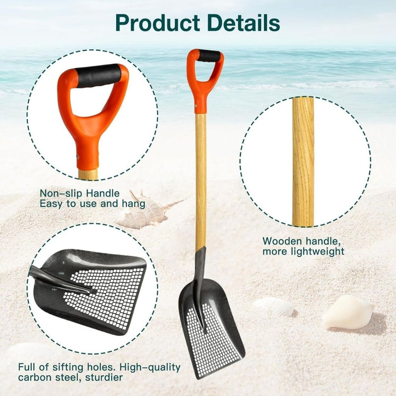 Sifting Shovel for Chicken Coop & Beach, Heavy-Duty Metal Sieve Scoop with Wooden Handle for Sand, Soil, and Poop Cleaning