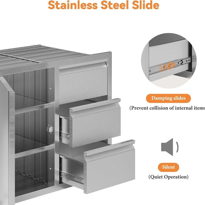 3 Drawer Stainless Steel Kitchen Cabinet, 28"W x 20"D x 23"H, Outdoor Kitchen Cabinet