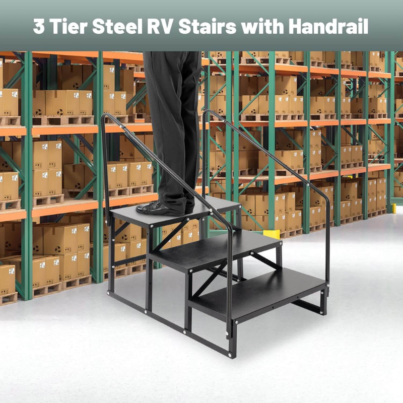 RV Steps with Handrail, 3 Steps Stair, 660 Lb. Capacity