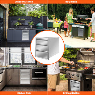 Holzoffer 21x23x14 Inch Outdoor Kitchen Stainless Steel Triple Access BBQ Drawers with Chrome Handle