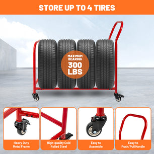 Holzoffer Holzoffer Rolling Tire Rack, 2 in 1 Metal Heavy Duty Tire Holder, 42x36x18inch Tire Storage Rack and Transport Trailer, Mobile Tire Storage Shelf Cart with 4 Wheel for Garage Storage, Red Holzoffer 车库货架