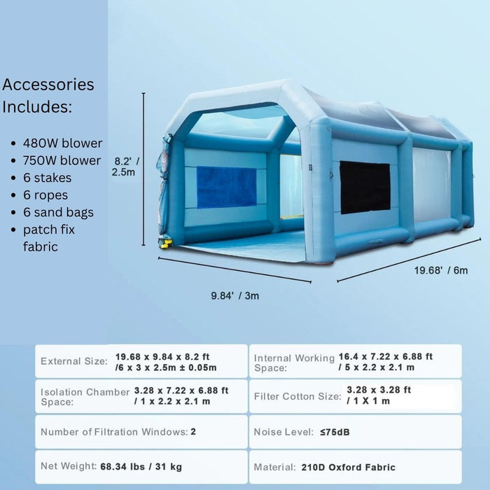 Inflatable Spray Booth 20'L x 10'W x 8'H with 480W + 750W Blowers, Spray Booth Tent Air Filter System – Car Paint Tent for Auto Painting, Car Parking Tent, Workstation, and Motorcycle Garage