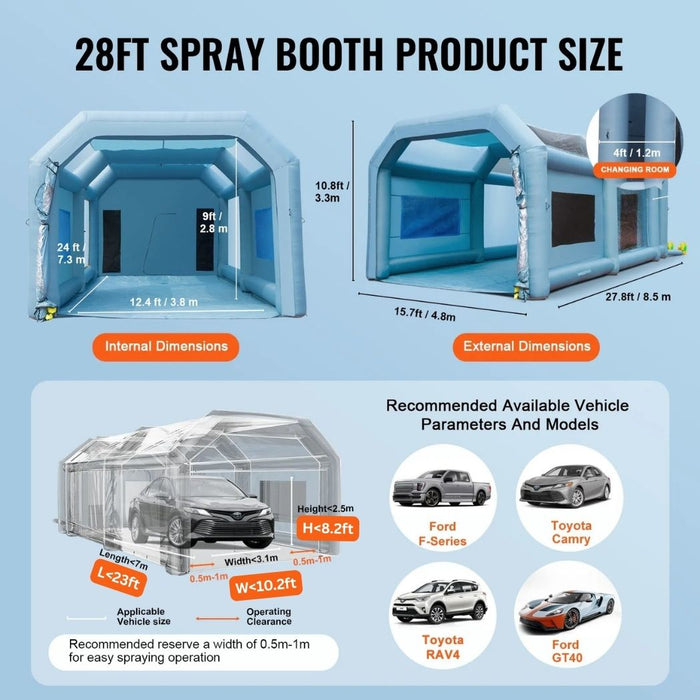 Inflatable Spray Booth 28'L x 16'W x 11'H with 550W + 950W Blowers, Spray Booth Tent Air Filter System – Car Paint Tent for Auto Painting, Car Parking Tent, Workstation, and Motorcycle Garage
