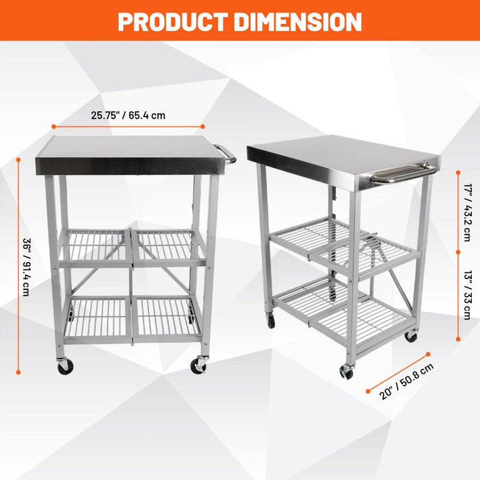 3-Tier Foldable Rolling Stainless Steel Table Cart 25.75"D x 20"W x 36"H