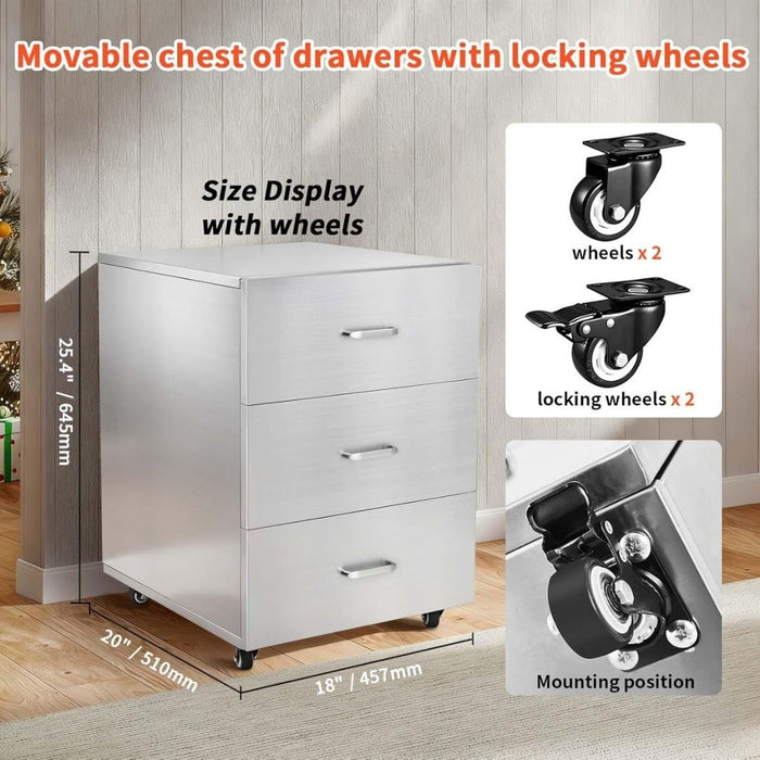 3 Drawer Stainless Steel Kitchen Cabinet, 18"W x 20"D x 23"H, Outdoor Kitchen Cabinet