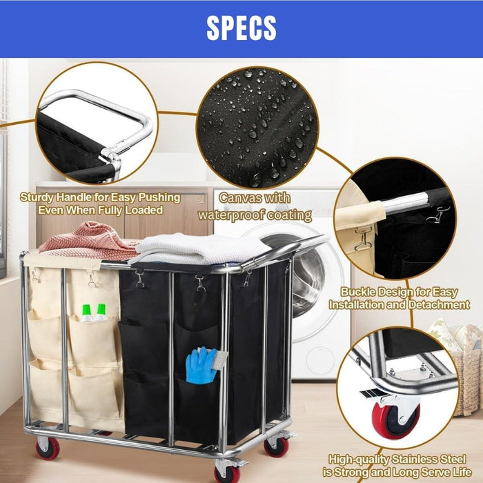 Commercial Laundry Cart w/ Handle, 12 Bushel, 42"L x 26"W x 33.8"H, 2 Canvas Bag and 8 Side Bags
