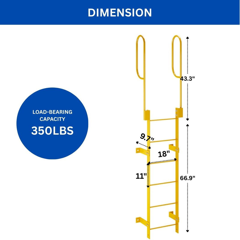 6 Step Steel Roof Access Ladder 5'H, Wall Mount, Yellow