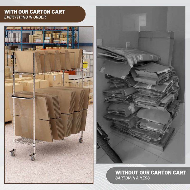 2-Shelf Steel Carton Stand w/ Casters & 8 Dividers, 60"L x 18"W x 69"H, Chrome