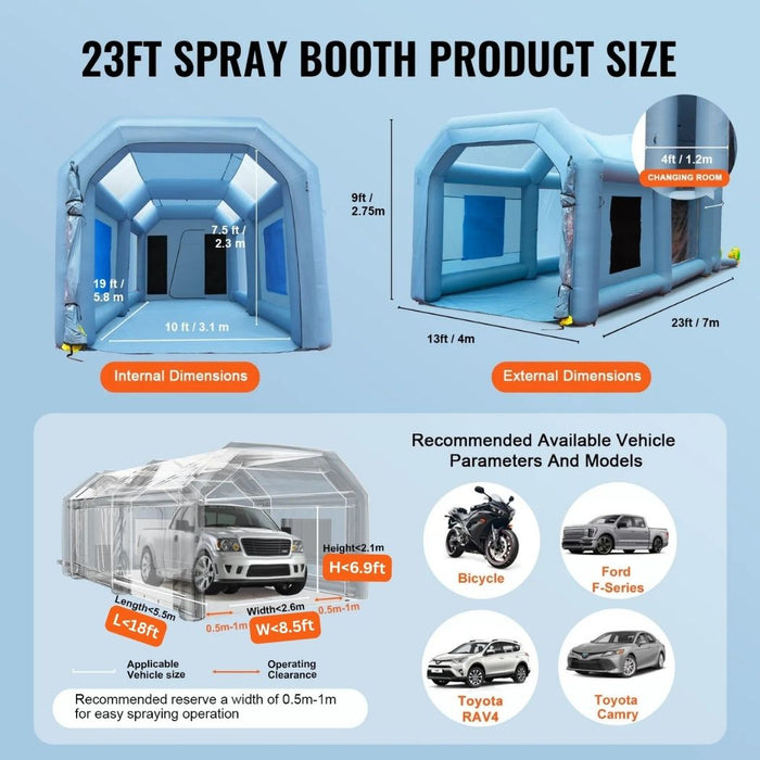 Inflatable Spray Booth 23'L x 13'W x 8.5'H with 550W + 750W Blowers, Spray Booth Tent Air Filter System – Car Paint Tent for Auto Painting, Car Parking Tent, Workstation, and Motorcycle Garage