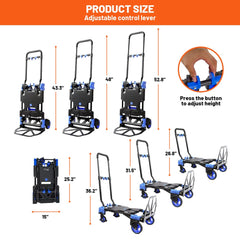 Holzoffer 2 in 1 Folding Hand Truck, Heavy Duty 330LBS Capacity Platform Cart with 4 Wheels and Retractable Handle