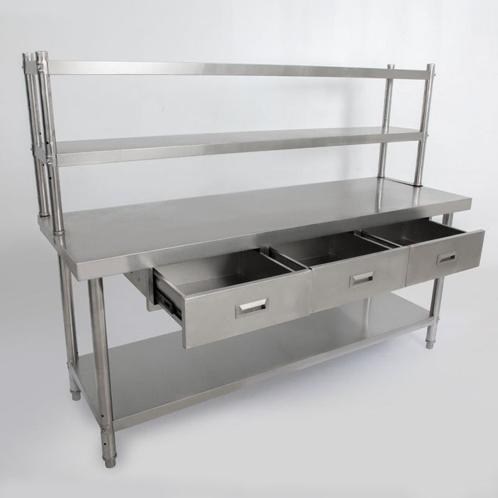 Stainless Steel Table with Overshelves & Drawers, 72" X 24" Work Table with 72" X 12" Shelf & 3 Drawers, Metal Table Prep Table