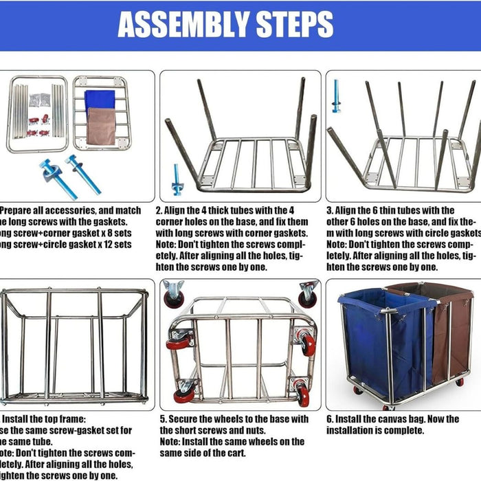 Commercial Laundry Cart, 12 Bushel, 35.4"L x 25.6"W x 33.3"H, 2 Canvas Bag