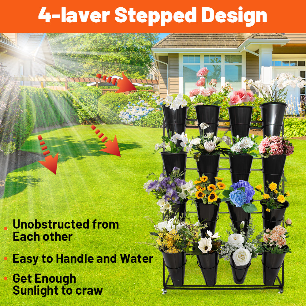 Holzoffer Flower Display Stand with 16pcs Buckets, Heavy Duty  4 Layers Metal Plant Cart Shelf with Wheels