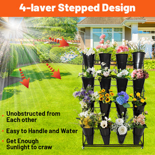 Holzoffer Flower Display Stand with 16pcs Buckets, Heavy Duty  4 Layers Metal Plant Cart Shelf with Wheels