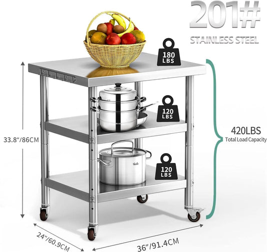 Holzoffer Stainless Steel Table, 36" X 24" Work Table with Wheels, 3 Shelves Metal Table Prep Table for Home Kitchen Restaurant Garage Warehouse Outdoor