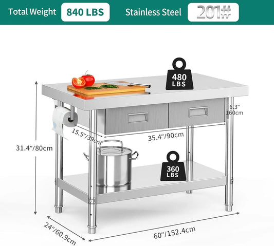 Holzoffer 48" × 24" Stainless Steel Table with 2 Drawers, NSF Work Table with Drawer, Metal Table Prep Table for Home Kitchen Restaurant Garage Warehouse