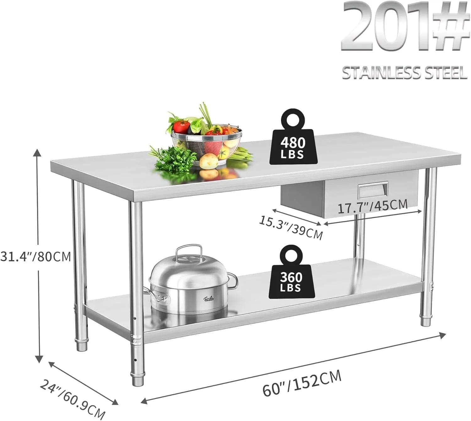 Holzoffer Stainless Steel Table with Drawer, 60" X 24" Work Table with Drawer, Metal Table Prep Table for Home Kitchen Restaurant Garage