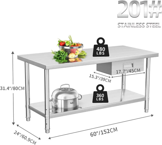 Holzoffer Stainless Steel Table with Drawer, 60" X 24" Work Table with Drawer, Metal Table Prep Table for Home Kitchen Restaurant Garage