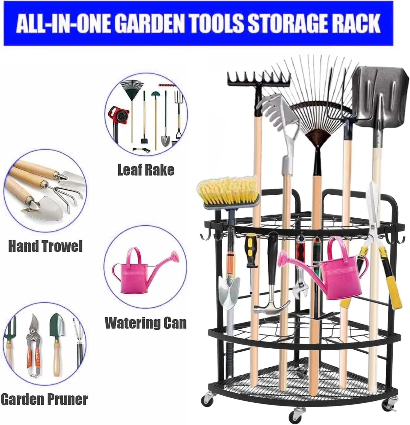 Holzoffer Garden Tool Organizer with Lockable Wheels and Storage Hooks,Garage Lawn and Outdoor