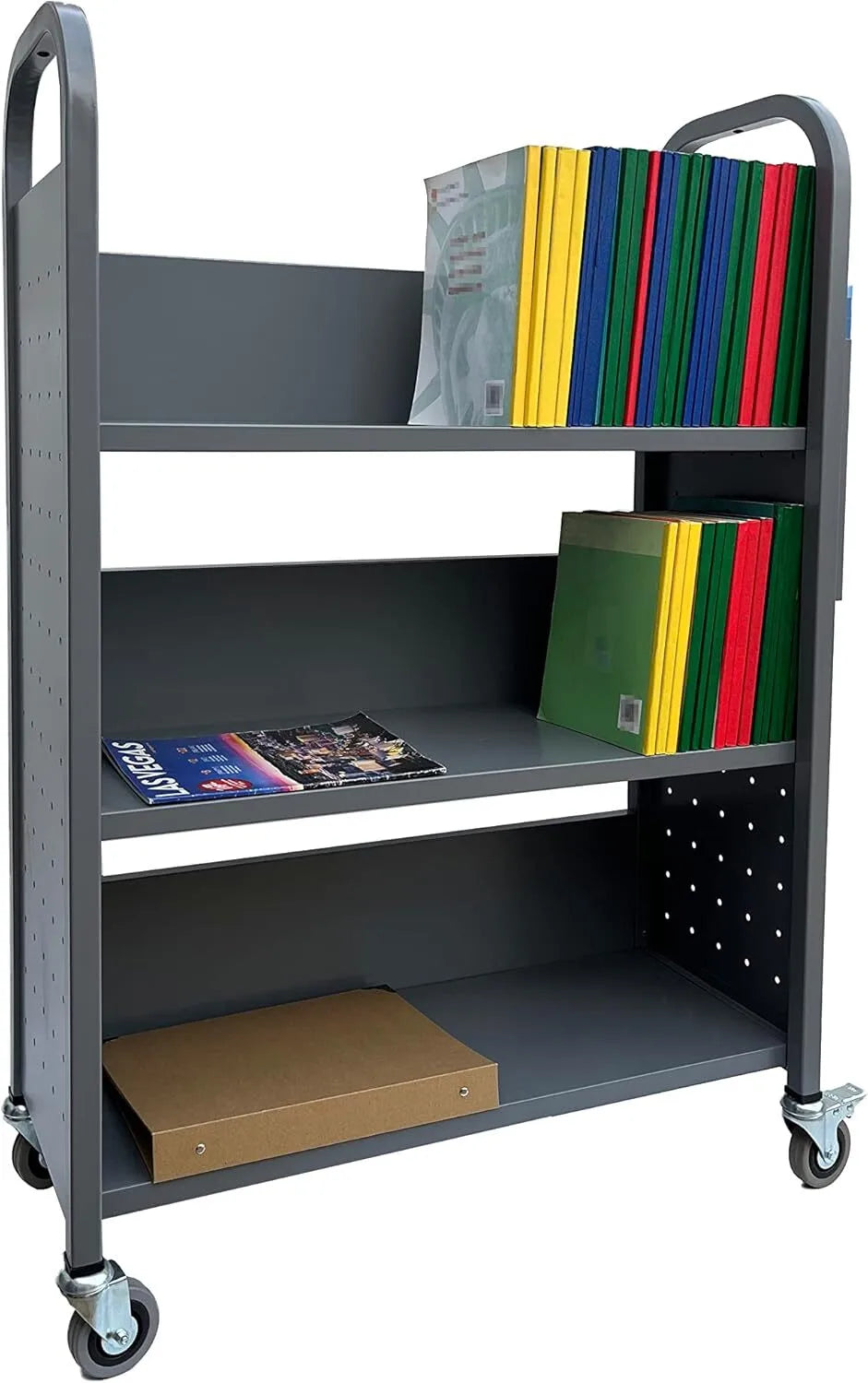 Holzoffer Gray Rolling Book Truck Book Cart with 3 Flat Shelves, Library Book Cart with Swivel Lockable Casters