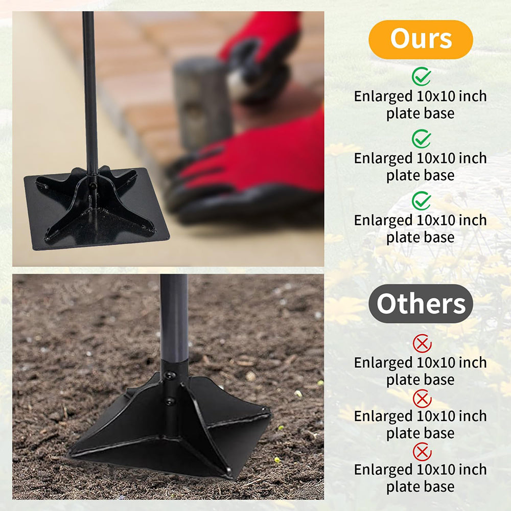 Holzoffer Garden Steel Tamper with 48 inch Steel Handle, 10"x10" Heavy-Duty Soil Tamper Tool with Rubber Grip for Leveling Ground Installing Pavers & Repairing Unevenness