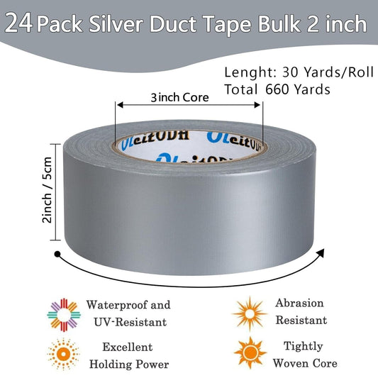 12/24 Pack 2 inch X 660 Yards Duct Tape，Multi-Use for Indoor & Outdoor Repairs, Industrial, Professional Use