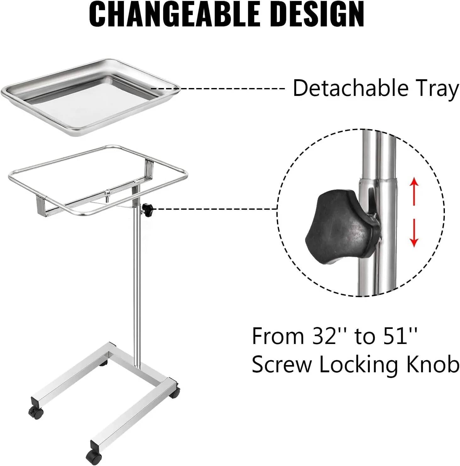 Holzoffer Medical Stand 18x14 Inch Medical Tray on Wheels Adjustable Height 32-51 Inch Mayo Stand with Tray Stainless Steel 4 Omnidirectional Wheels