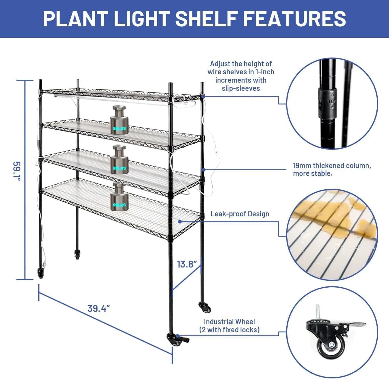 Holzoffer DIY Plant Shelf with Grow Lights, 4-Tier Metal Plant Stand, Grow Light Shelf with 108W T8 6500K Grow Lights, Adjustable Rack and Wheels for Seed Starting, Seedlings(39.4Lx13.8Wx59.1H, Black)