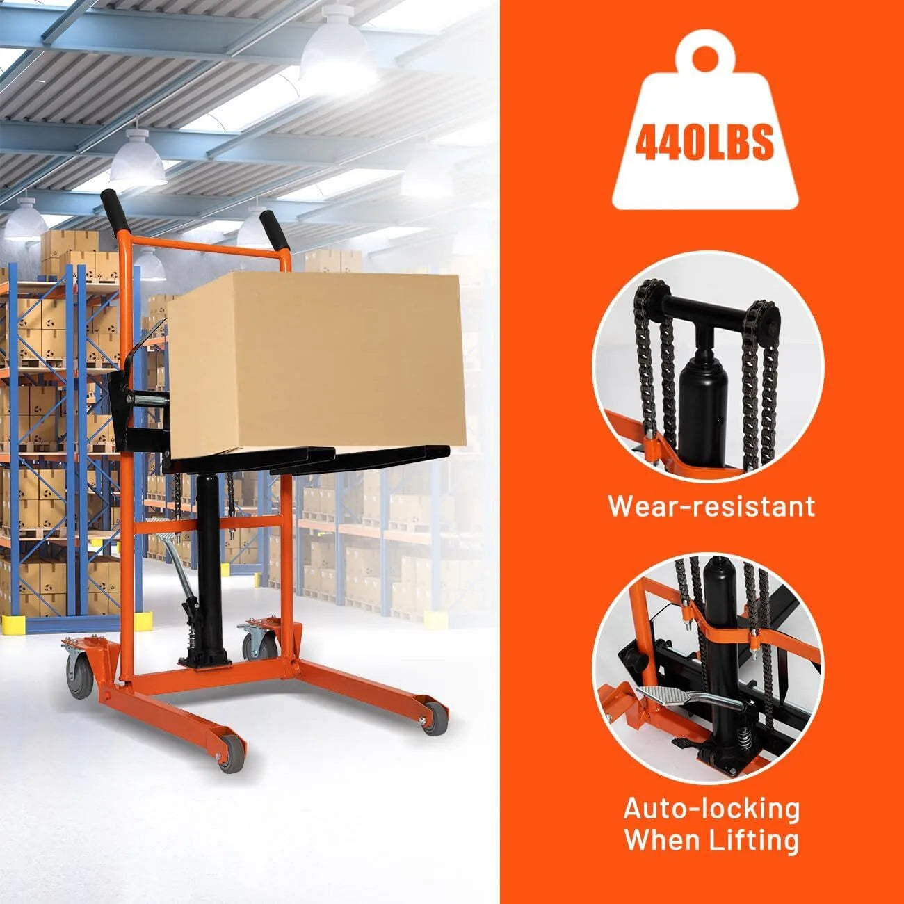 Holzoffer Material Lift Winch Stacker with Wheels, Heavy Duty Rolling Manual Lift Table, Adjustable Pallet Truck Dolly Fork Lift for Factory, Warehouse, Garage