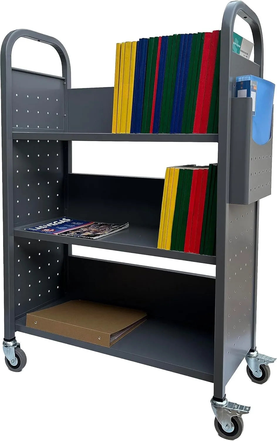 Holzoffer Gray Rolling Book Truck Book Cart with 3 Flat Shelves, Library Book Cart with Swivel Lockable Casters