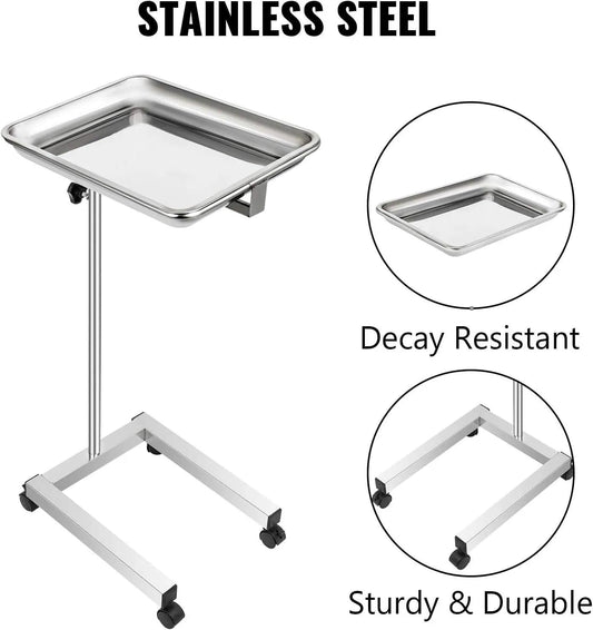 Holzoffer Medical Stand 18x14 Inch Medical Tray on Wheels Adjustable Height 32-51 Inch Mayo Stand with Tray Stainless Steel 4 Omnidirectional Wheels