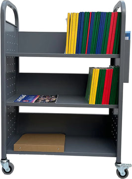 Holzoffer Gray Rolling Book Truck Book Cart with 3 Flat Shelves, Library Book Cart with Swivel Lockable Casters