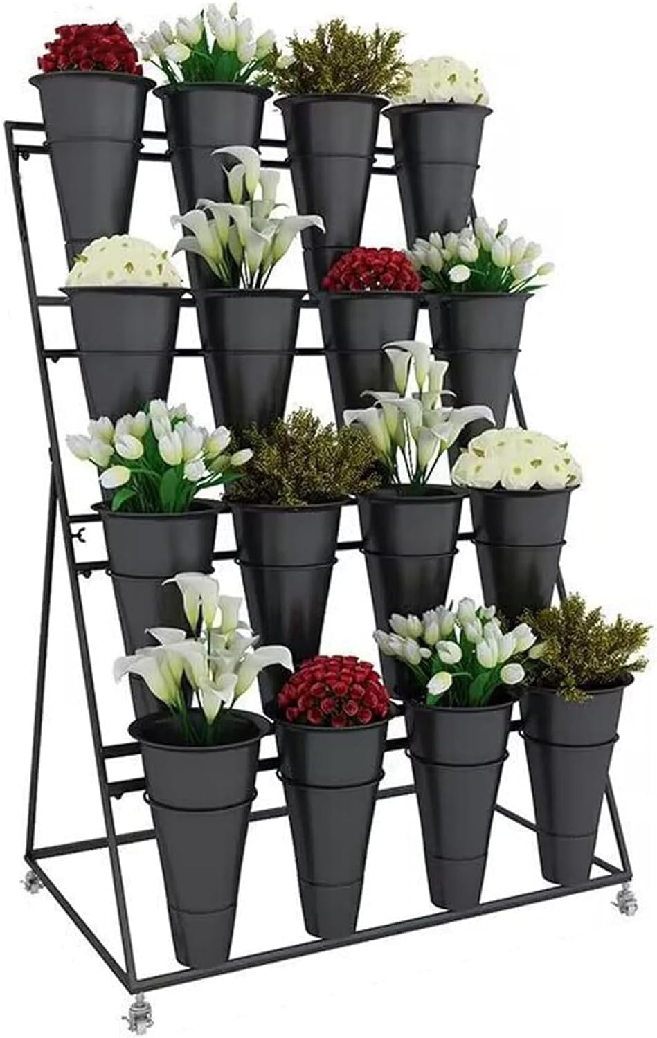 4 Layers Flower Display Stand with 16pcs Plastic Buckets for Fresh Flowers Metal Plant Cart for Heavy Duty Moving Flower Rack