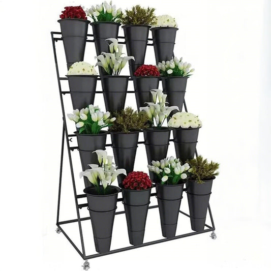 Holzoffer 4 Layers Flower Display Stand with 16pcs Plastic Buckets for Fresh Flowers Metal Plant Cart