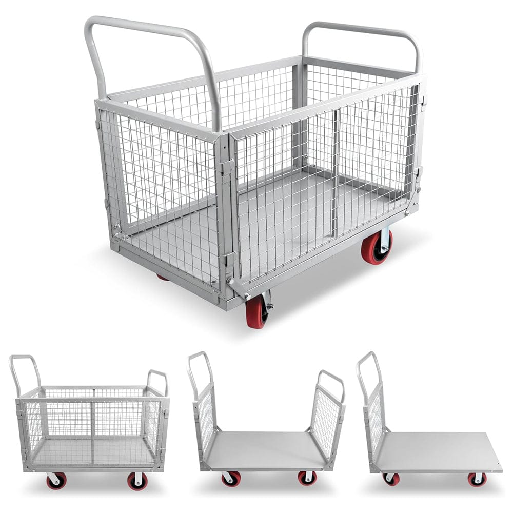 Holzoffer Platform Truck Cart with Cage, 4 in 1 Foldable Platform Truck, Flatbed Fence Cart Hand Trucks for Warehouse,Groceries,Garage