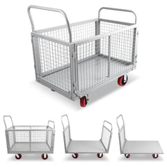 Holzoffer Platform Truck Cart with Cage, 4 in 1 Foldable Platform Truck, Flatbed Fence Cart Hand Trucks for Warehouse,Groceries,Garage