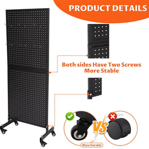 Holzoffer 2'x 5' 2-Double Metal Pegboard Panels Tower with 4 Wheels T-Base Floorstanding, Black Pegboard Panel Wall Organization Display Stand