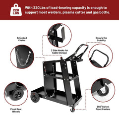 Holzoffer Welding Cart, 2-Tier Welder Cart with 265LB Capacity, 360°Swivel, Gas bottle Safety Chains with Lockable Cabinet