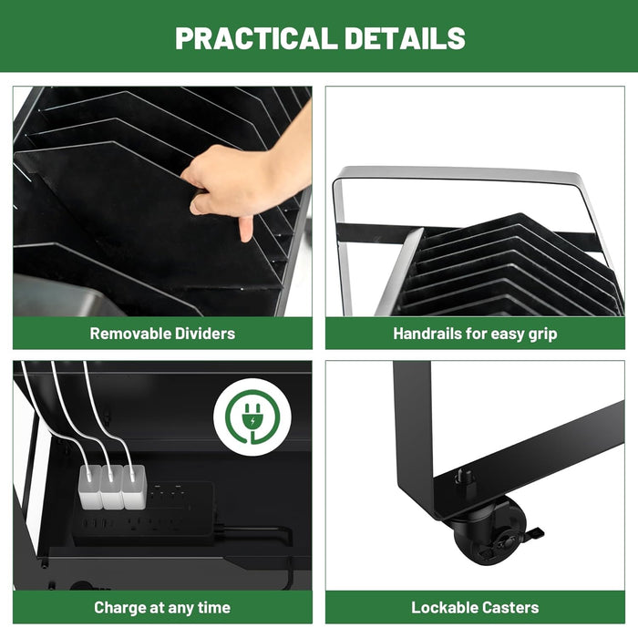 16-Device Open Charging Cart, 27"W x 14.5"D x 40"H, Tablet & Laptop Charging Trolley with 16-Outlet Power Strip