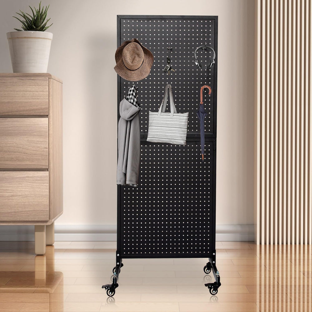 Holzoffer 2'x 5' 2-Double Metal Pegboard Panels Tower with 4 Wheels T-Base Floorstanding, Black Pegboard Panel Wall Organization Display Stand