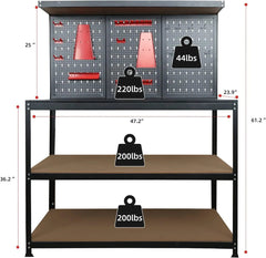 Holzoffer 47”Workbench, Heavy-Duty Steel Tool Workbench with Pegboard Shelves, 330Lbs Multipurpose Work Benches for Garage, Home, Workshop Storage