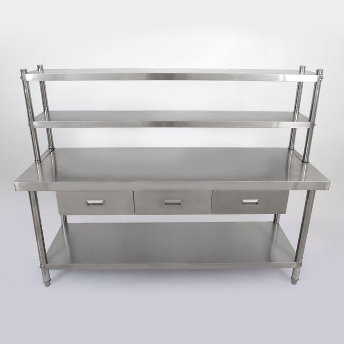 Stainless Steel Table with Overshelves & Drawers, 72" X 24" Work Table with 72" X 12" Shelf & 3 Drawers, Metal Table Prep Table